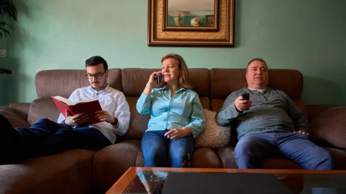 Three adults on a brown leather sofa in a living room: left man reading a red folder, center woman on a cellphone, right man holding a remote.
