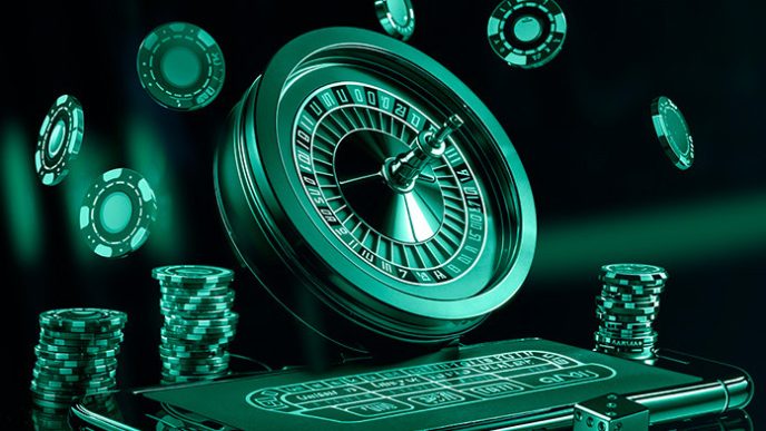 Roulette wheel spins above a casino table with chip stacks nearby.