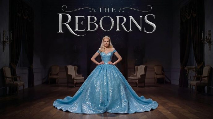 Promotional poster for The Reborns showing a woman in a sparkling blue ball gown center stage.