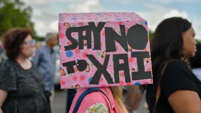 Person wearing a pink patterned box with large black letters over their head, standing among a crowd at an outdoor event; backpack visible.