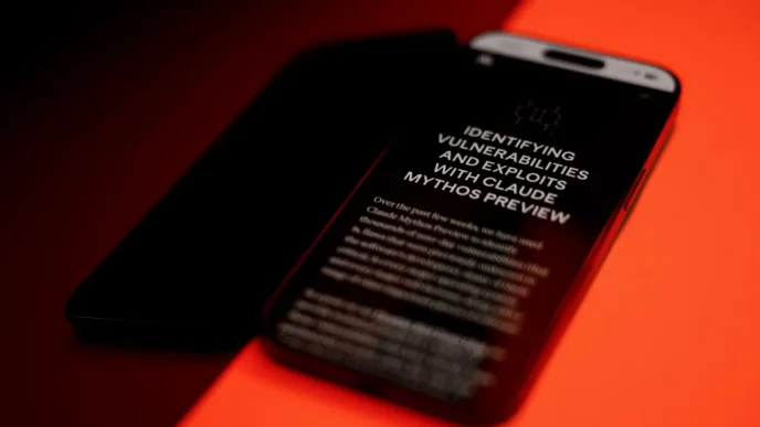 Smartphone on a red surface displaying an article about identifying vulnerabilities and exploits (title: Claude Mythos Preview).