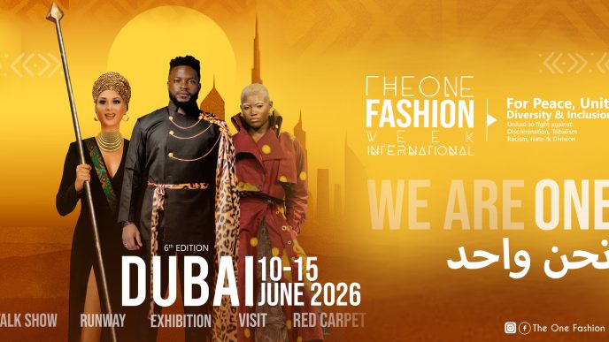 Poster for The One Fashion Week Dubai 2026 featuring three models in bold outfits against a warm yellow background, with dates June 10–15, 2026 and city skyline silhouettes in the background.