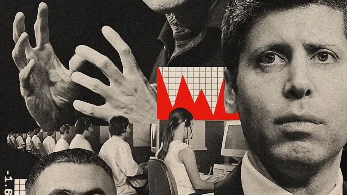 Collage showing business professionals, a woman at a computer, a man in a suit, and a server-room corridor with bold red geometric shapes in a grid background, suggesting a data/tech office theme.