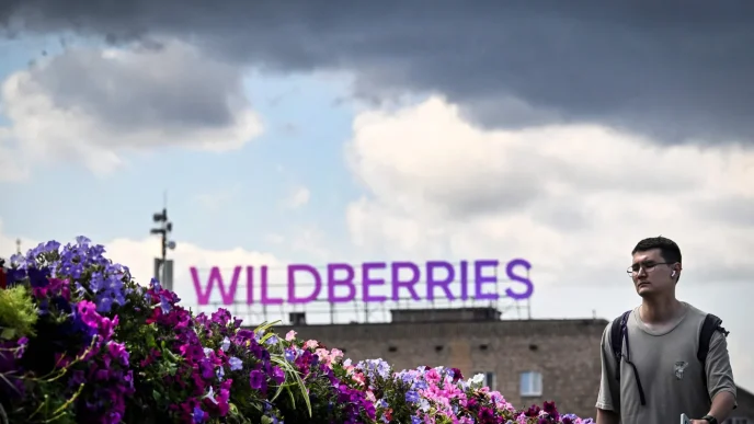 Bright street scene with a purple 'WILDBERRIES' sign behind a colorful flower wall on the left and a man with a backpack walking on the right.