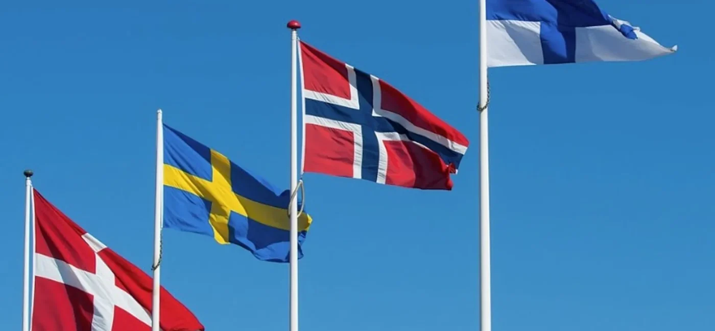 Several Nordic flags (Denmark, Sweden, Norway, Finland) waving against a blue sky e849a