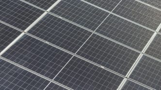 Close-up view of dark blue solar panels arranged in a grid, forming a large solar array.