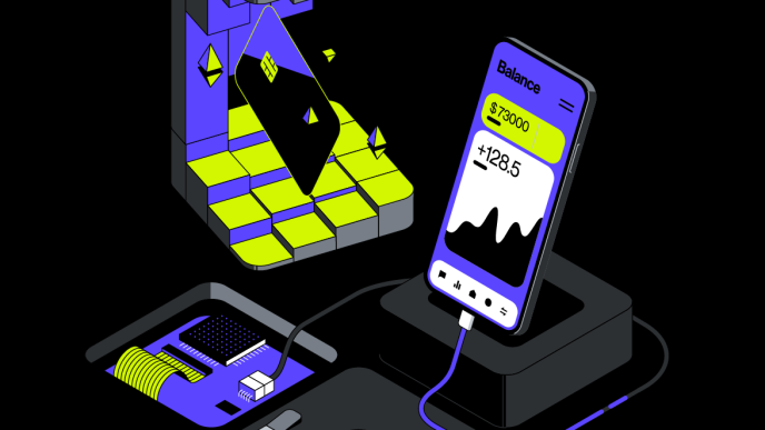 Isometric payment terminal connected to a smartphone showing balance and a line graph, with cash-dispensing components nearby.