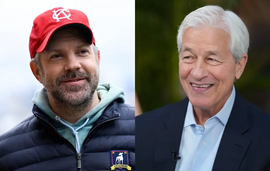 Split image of actor Jason Sudeikis as Ted Lasso and JPMorgan CEO Jamie Dimon
