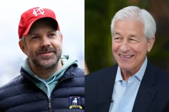 Split image of actor Jason Sudeikis as Ted Lasso and JPMorgan CEO Jamie Dimon