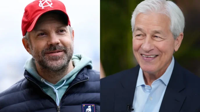 Split image of actor Jason Sudeikis as Ted Lasso and JPMorgan CEO Jamie Dimon
