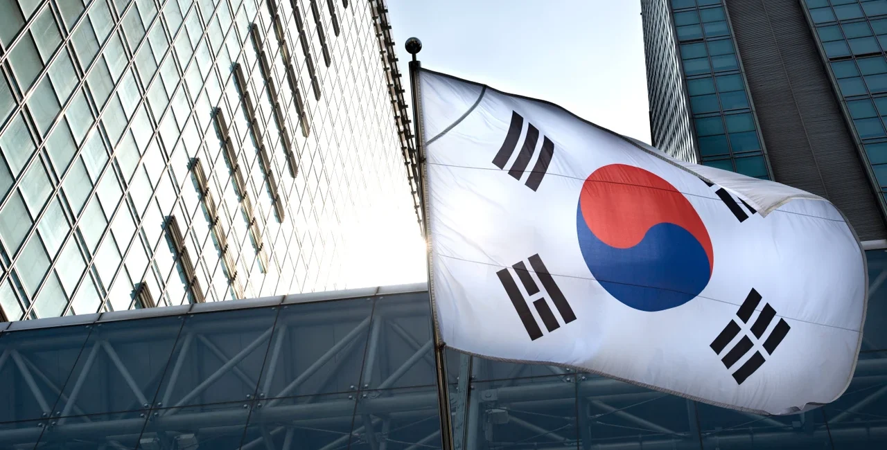 South Korean flag outside office towers