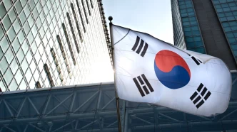 South Korean flag outside office towers