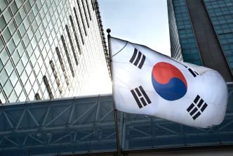South Korean flag outside office towers