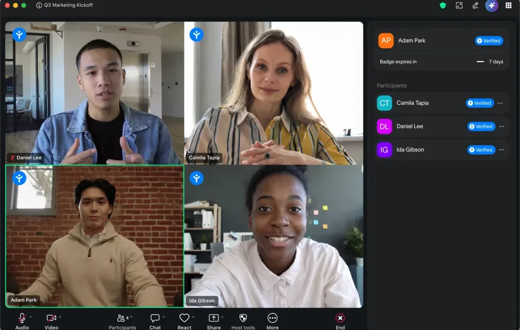 Zoom meeting interface showing Verified Human Badges on participants