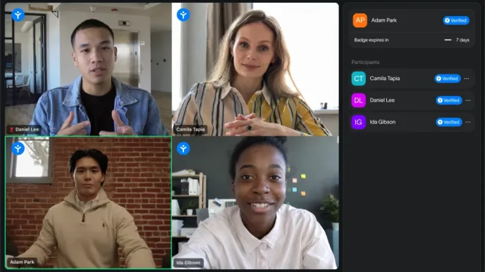 Zoom meeting interface showing Verified Human Badges on participants