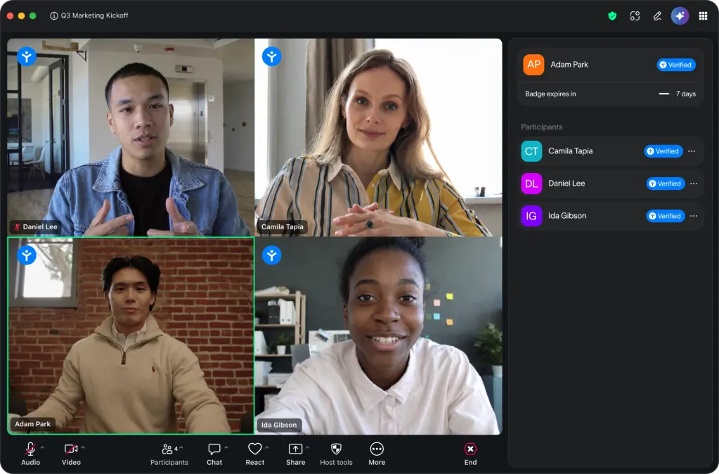 Zoom meeting interface showing Verified Human Badges on participants
